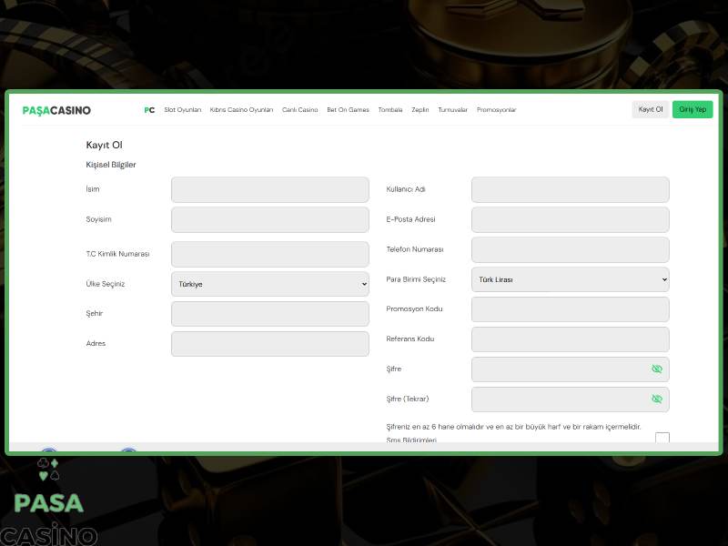 Paşa Casino'da Kayıt